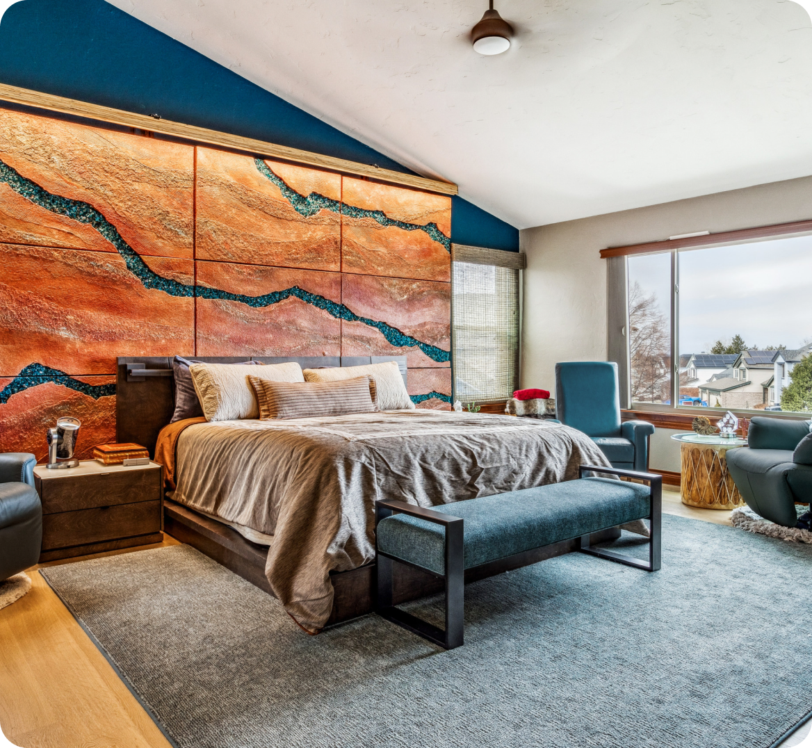 Modern bedroom with large window view